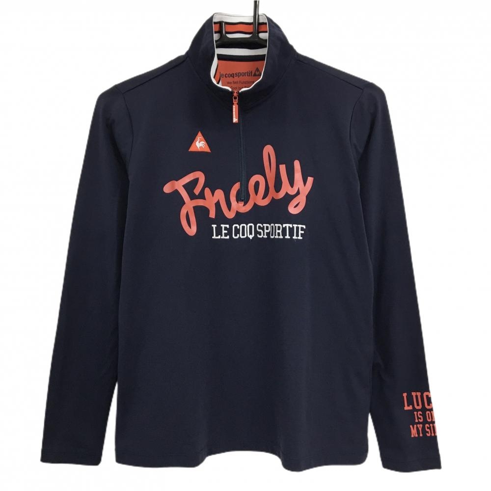 【超美品】ルコックゴルフ 長袖ハイネックシャツ ネイビー ロゴレッド ハーフジップ ストレッチ レディース L ゴルフウェア le coq sportif