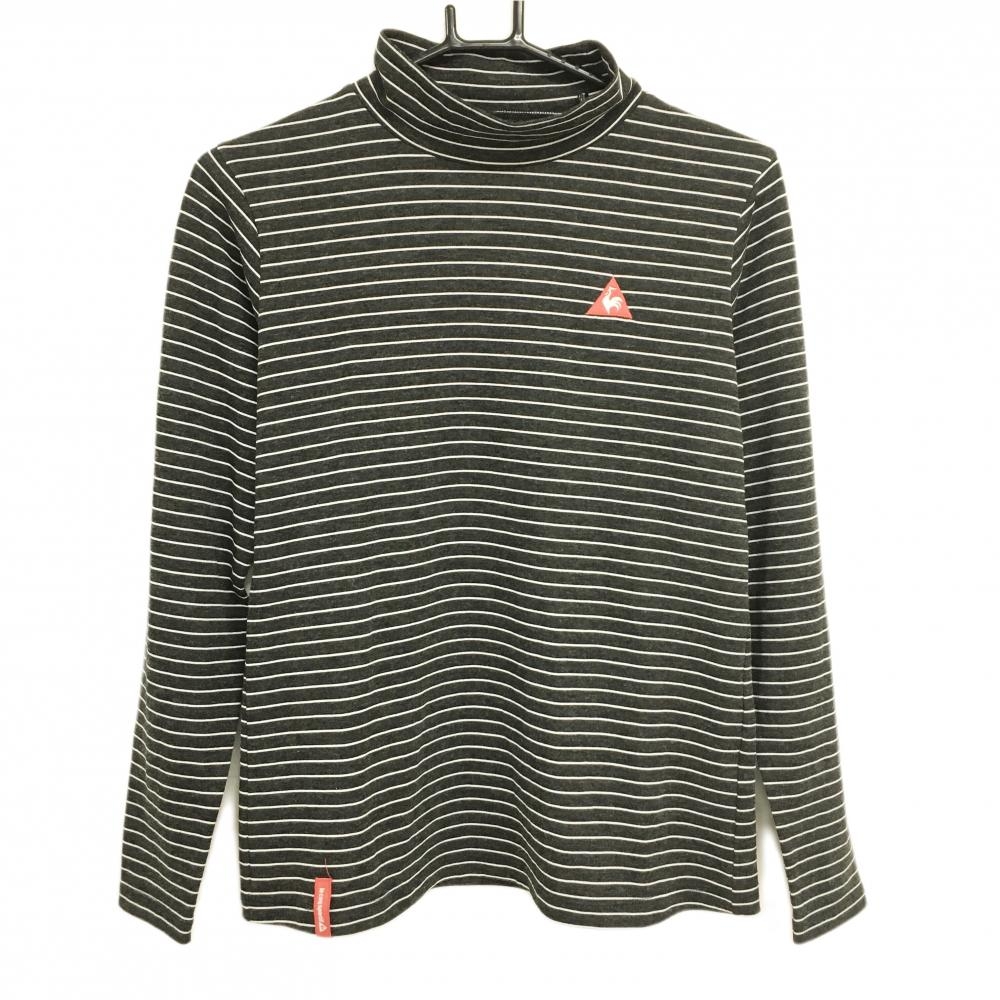 【超美品】ルコックゴルフ 長袖ハイネックシャツ 杢ダークグレー×白 ボーダー ロゴ刺しゅう レディース L ゴルフウェア le coq sportif