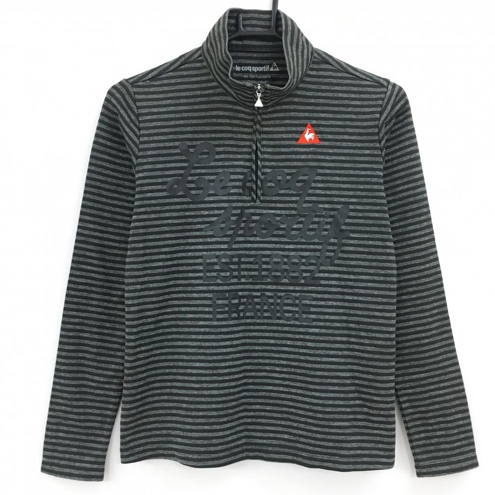 【超美品】ルコック 長袖ハイネックシャツ 黒×グレー ボーダー ハーフジップ ロゴプリント レディース L ゴルフウェア le coq sportif