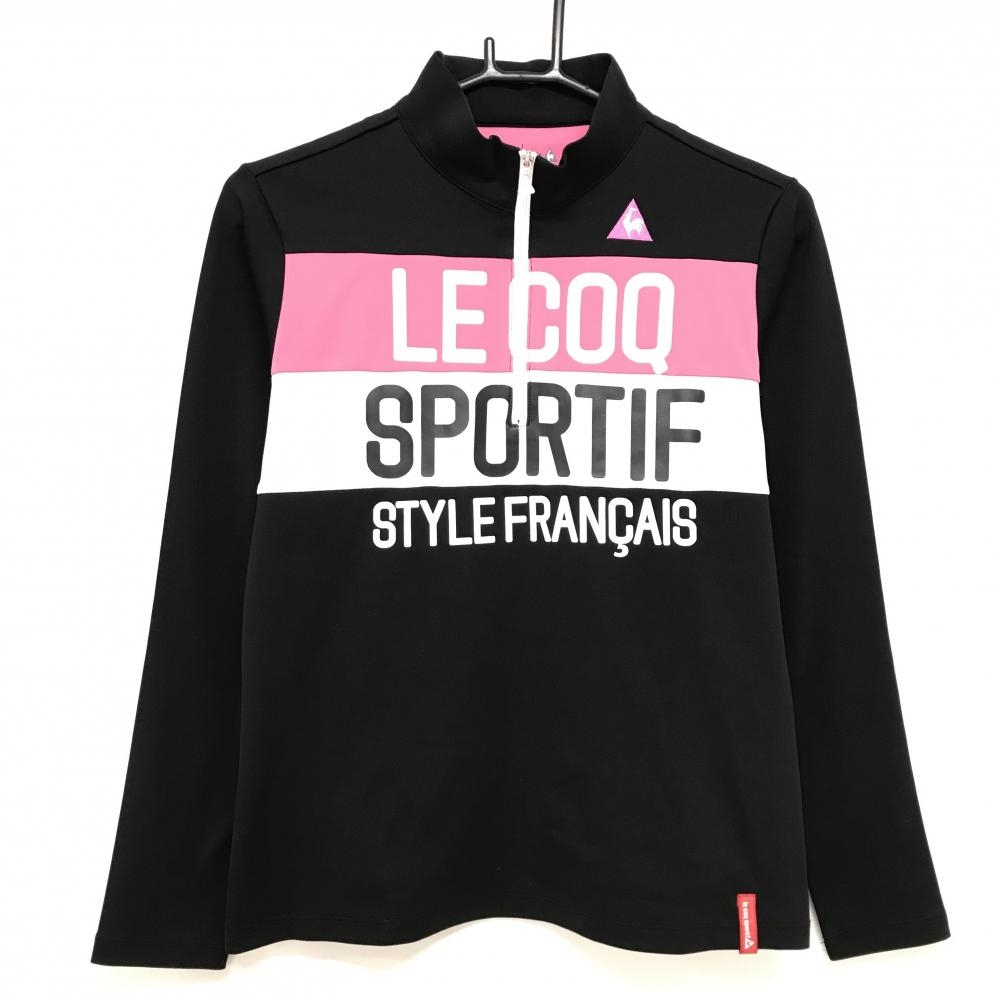 【美品】ルコックゴルフ 長袖ハイネックシャツ 黒×ピンク ハーフジップ  レディース L ゴルフウェア le coq sportif