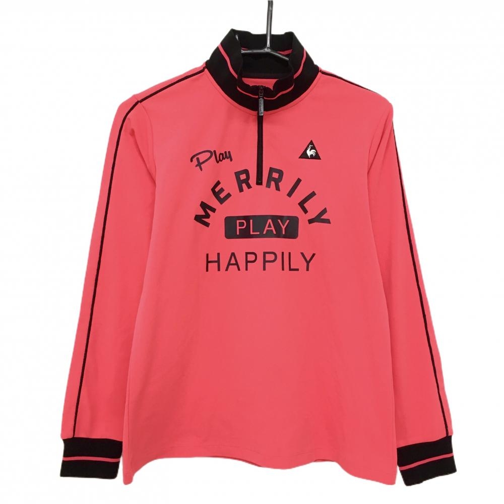 【美品】ルコックゴルフ 長袖ハイネックシャツ ピンク×黒 フロント英字 ハーフジップ　 レディース LL ゴルフウェア le coq sportif