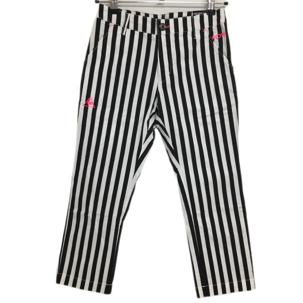 【美品】ルコック パンツ 白×黒 ストライプ ロゴ蛍光ピンク レディース 7 ゴルフウェア le coq sportif