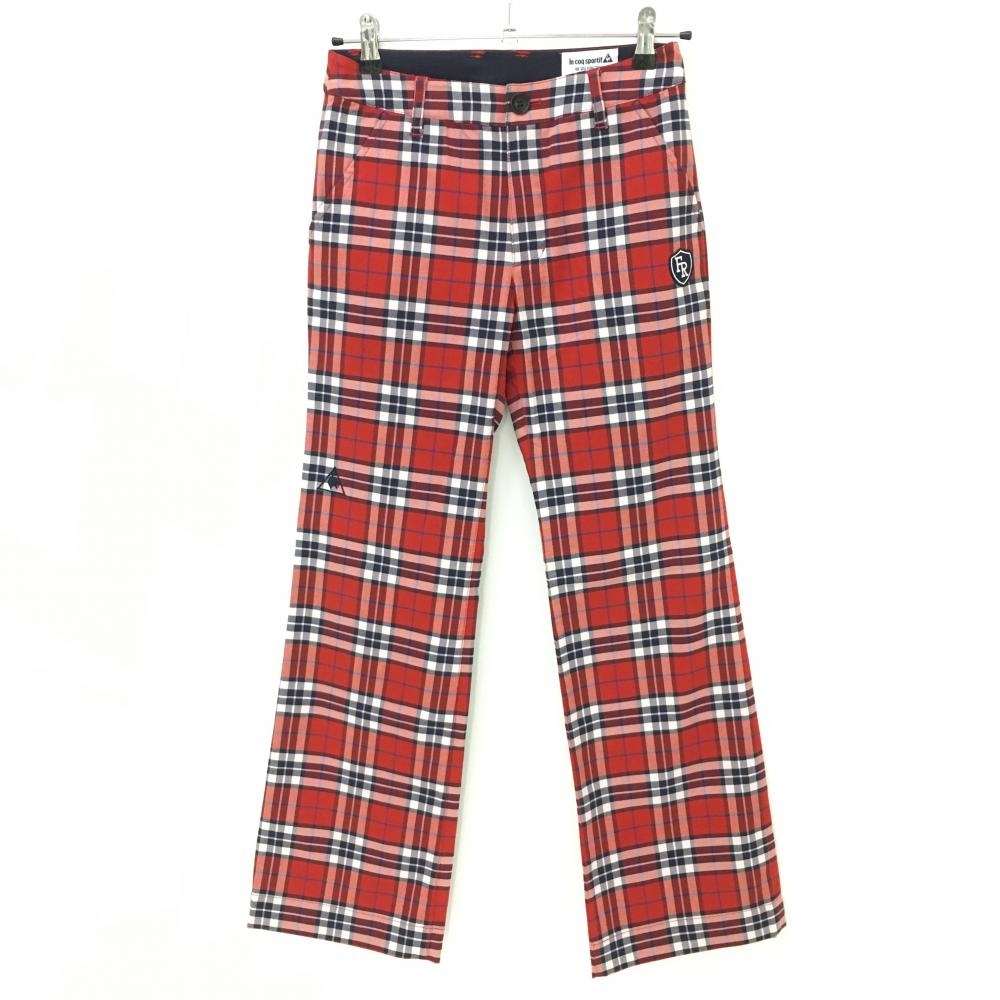 【超美品】ルコック パンツ レッド×ネイビー チェック コットン混 レディース 7 ゴルフウェア le coq sportif