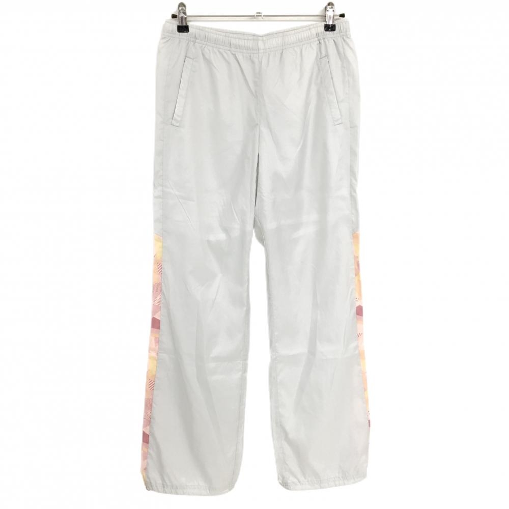 【超美品】ルコック パンツ グレー×ピンク 裾サイド柄 一部メッシュ裏地 ウエストゴム レディース O(XL) ゴルフウェア le coq sportif