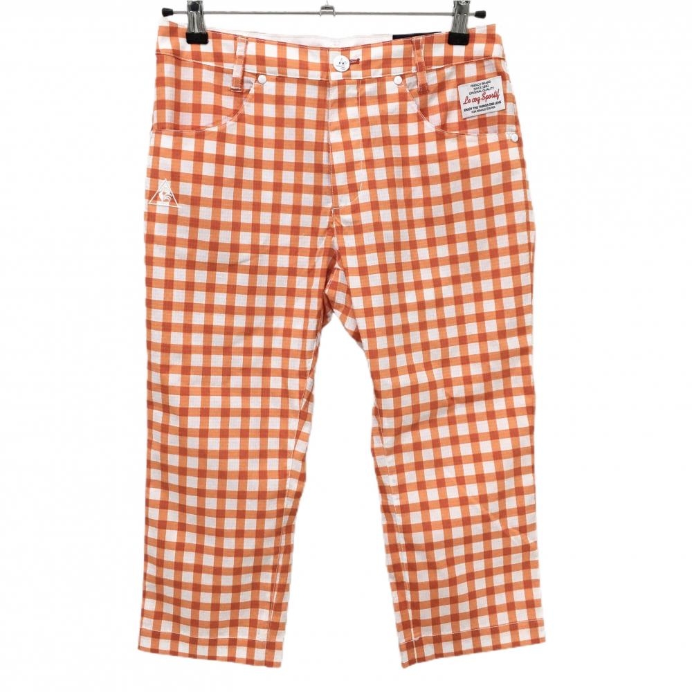 【超美品】ルコックゴルフ 半端丈パンツ 白×オレンジ チェック サッカー生地 ストレッチ 薄手 レディース 11 ゴルフウェア le coq sportif