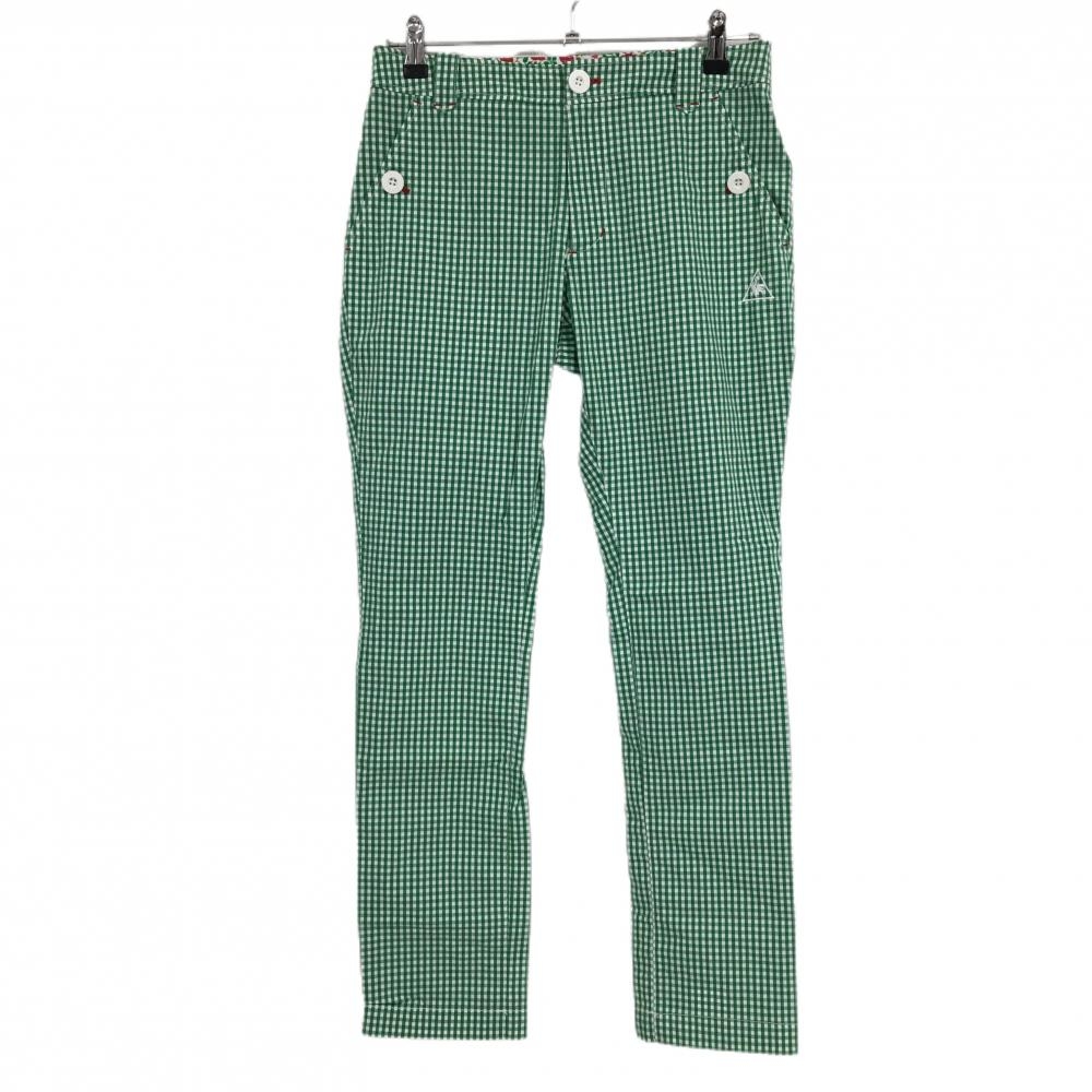 【超美品】ルコックゴルフ パンツ グリーン×白 チェック柄 ウエスト内側花柄 レディース 11 ゴルフウェア le coq sportif