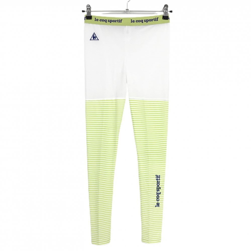 【超美品】ルコックゴルフ レギンス 白×ライトグリーン ボーター 一部メッシュ スパッツ レディース M ゴルフウェア le coq sportif