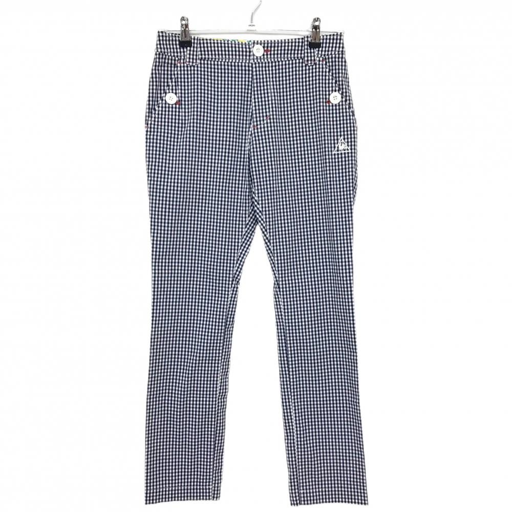 【美品】ルコックゴルフ パンツ 白×ネイビー ギンガムチェック ナイロン混 ストレッチ レディース 7 ゴルフウェア le coq sportif