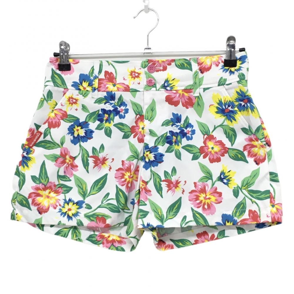 【超美品】ルコック ショートパンツ 白×ピンク 花柄 ストレッチ レディース 9 ゴルフウェア le coq sportif