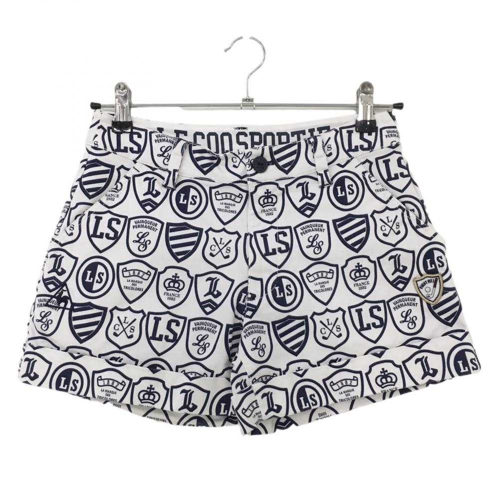 【美品】ルコック ショートパンツ 白×ネイビー 総柄  レディース 7 ゴルフウェア le coq sportif