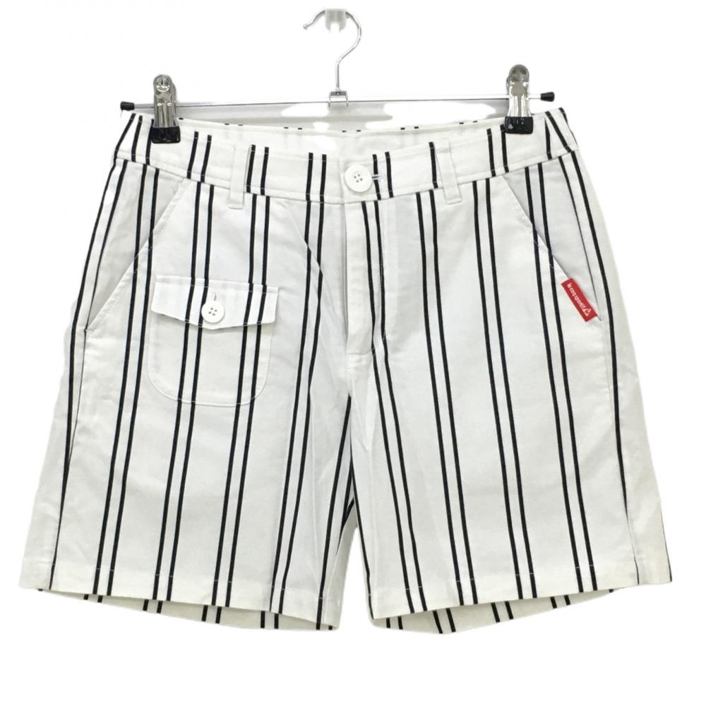【超美品】ルコック ショートパンツ 白×黒 ストライプ ロゴ刺しゅう レディース 9 ゴルフウェア le coq sportif