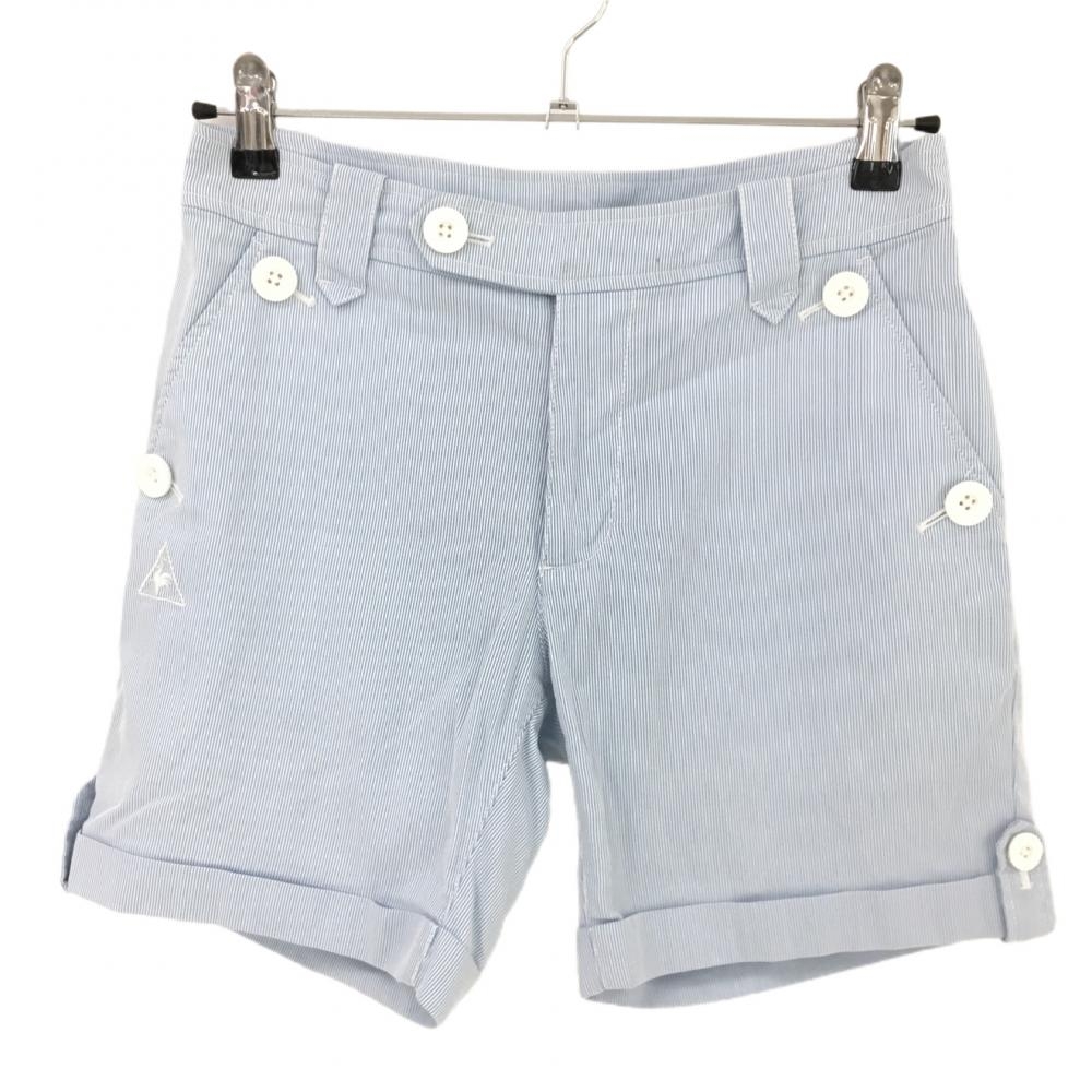 【美品】ルコック ショートパンツ ライトブルー×白 細ストライプ バックロゴ刺しゅう  レディース 9(M) ゴルフウェア le coq sportif