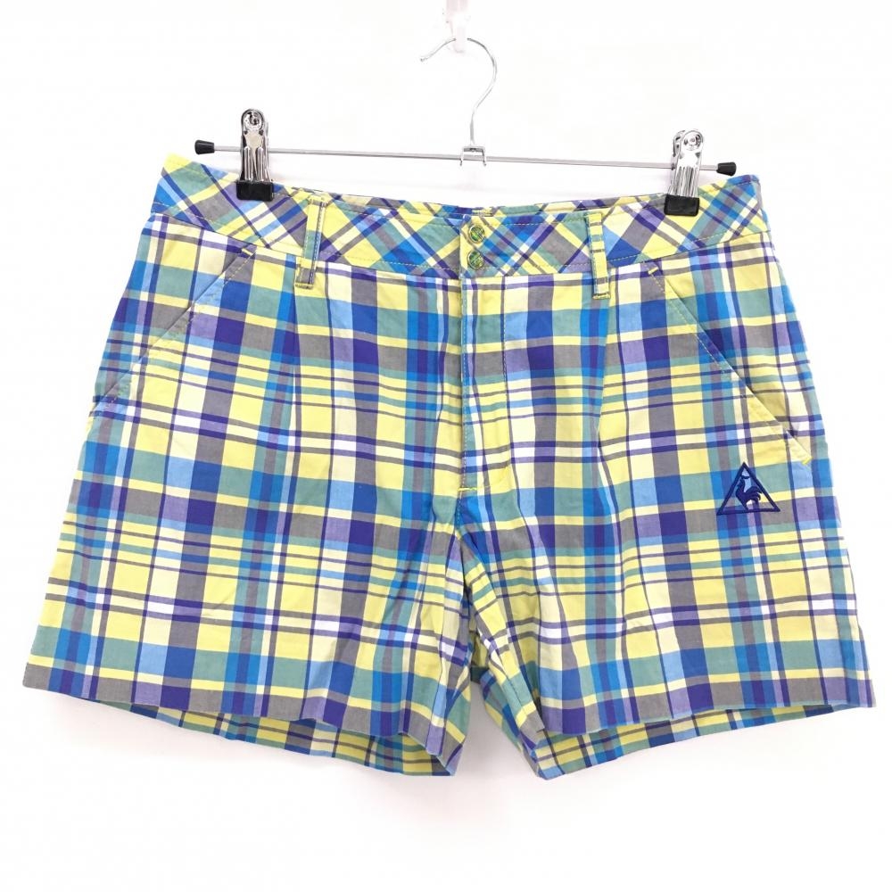 【美品】ルコック ショートパンツ ブルー×イエロー チェック ロゴ刺しゅう ストレッチ レディース 13 ゴルフウェア le coq sportif