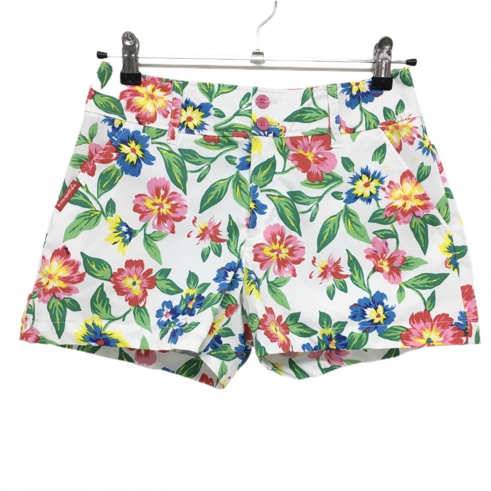 【超美品】ルコック ショートパンツ 白×マルチカラー 花柄 ストレッチ レディース 9 ゴルフウェア le coq sportif