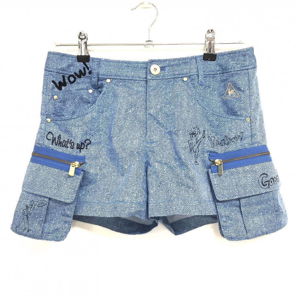 【超美品】ルコックゴルフ ショートパンツ ネイビー×黒 デニム風地模様 手書き風プリント レディース 9 ゴルフウェア le coq sportif