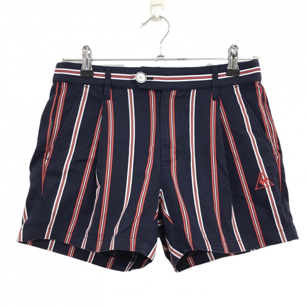 ルコックゴルフ ショートパンツ ネイビー×レッド ストライプ ロゴ刺しゅう ストレッチ レディース 9 ゴルフウェア le coq sportif