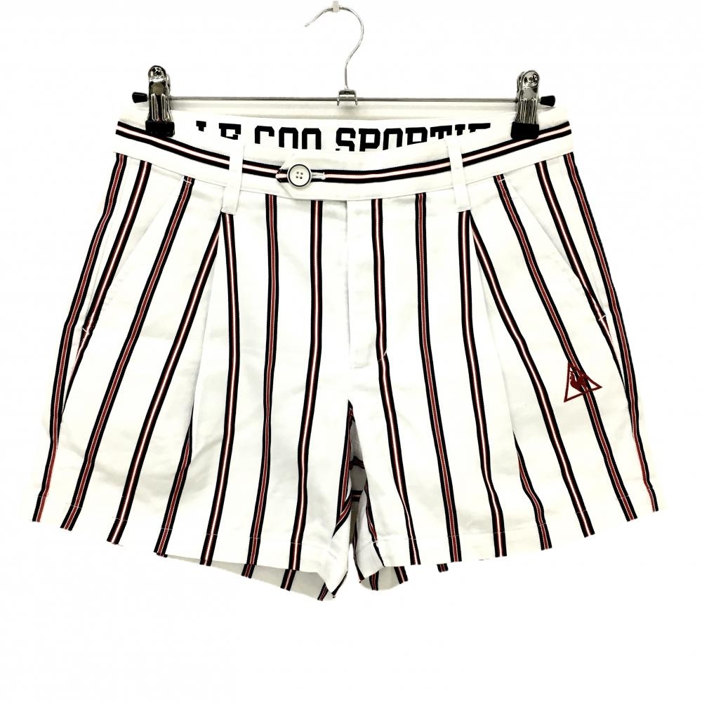 【美品】ルコックゴルフ ショートパンツ 白×ネイビー×レッド ストライプ ロゴ刺しゅう レディース 11 ゴルフウェア le coq sportif