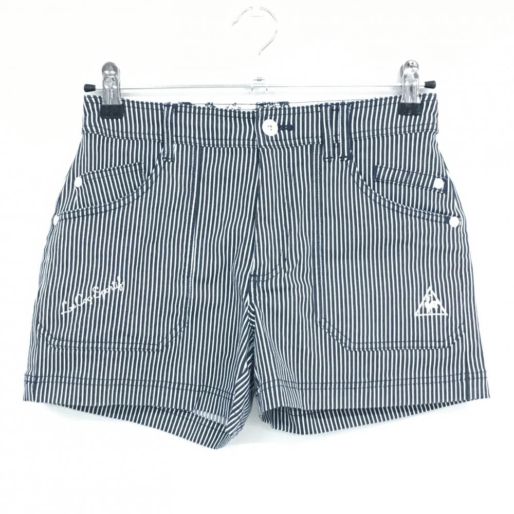 【美品】ルコックゴルフ ショートパンツ ネイビー×白 ストライプ ストレッチ  レディース 7(S) ゴルフウェア le coq sportif