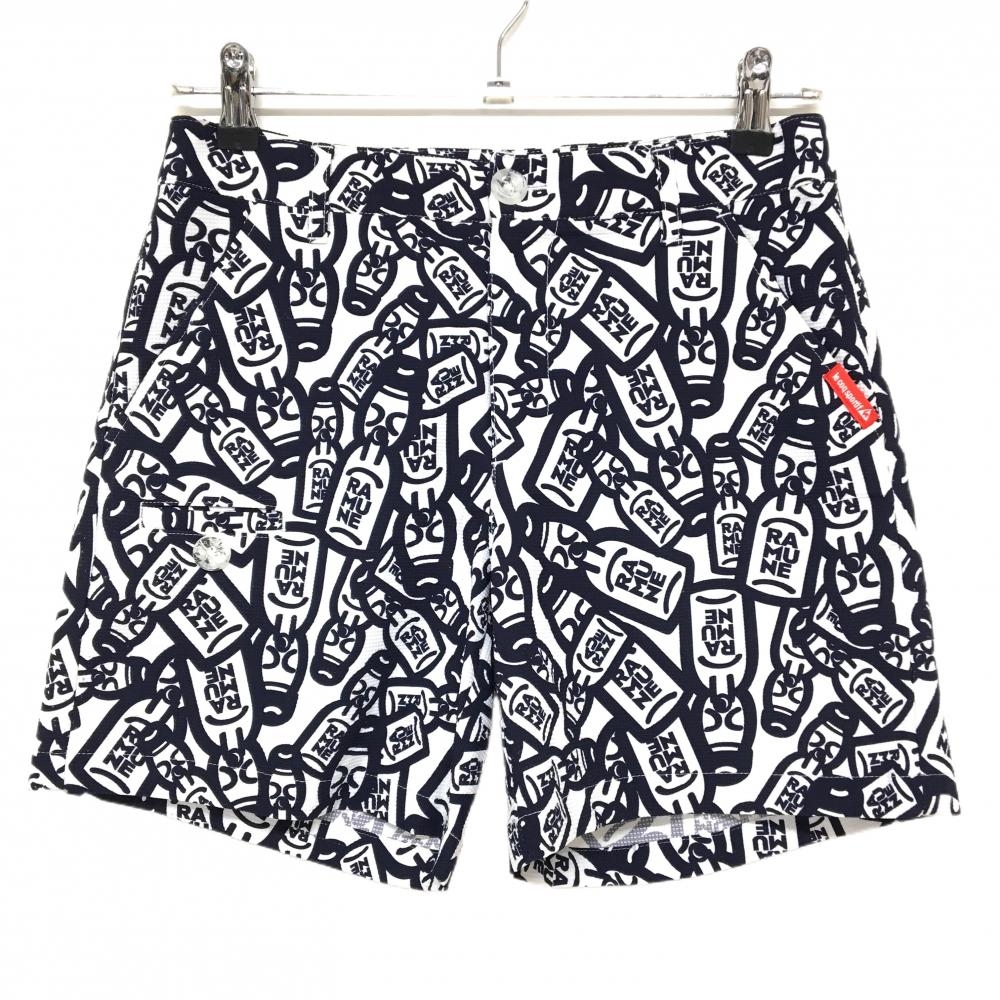 【超美品】ルコックゴルフ ショートパンツ 白×ネイビー ラムネ瓶総柄 ストレッチ レディース  ゴルフウェア le coq sportif