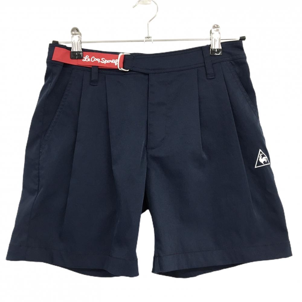 【美品】ルコックゴルフ ショートパンツ ネイビー×レッド 調整ベルト付 ロゴ刺しゅう レディース 9 ゴルフウェア le coq sportif