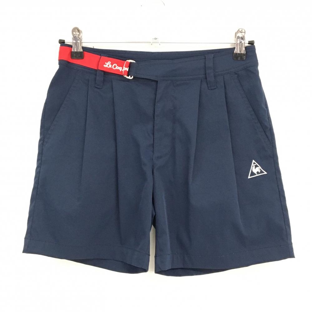 【美品】ルコックゴルフ ショートパンツ ネイビー×レッド ベルト風 ロゴ刺しゅう レディース 7 ゴルフウェア le coq sportif