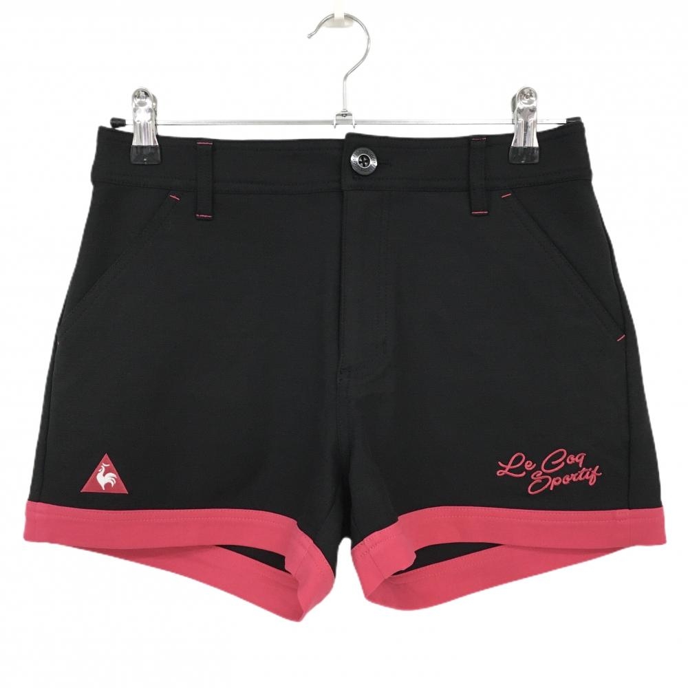 【超美品】ルコックゴルフ ショートパンツ 黒×ピンク ロゴ刺しゅう ストレッチ レディース 9 ゴルフウェア le coq sportif