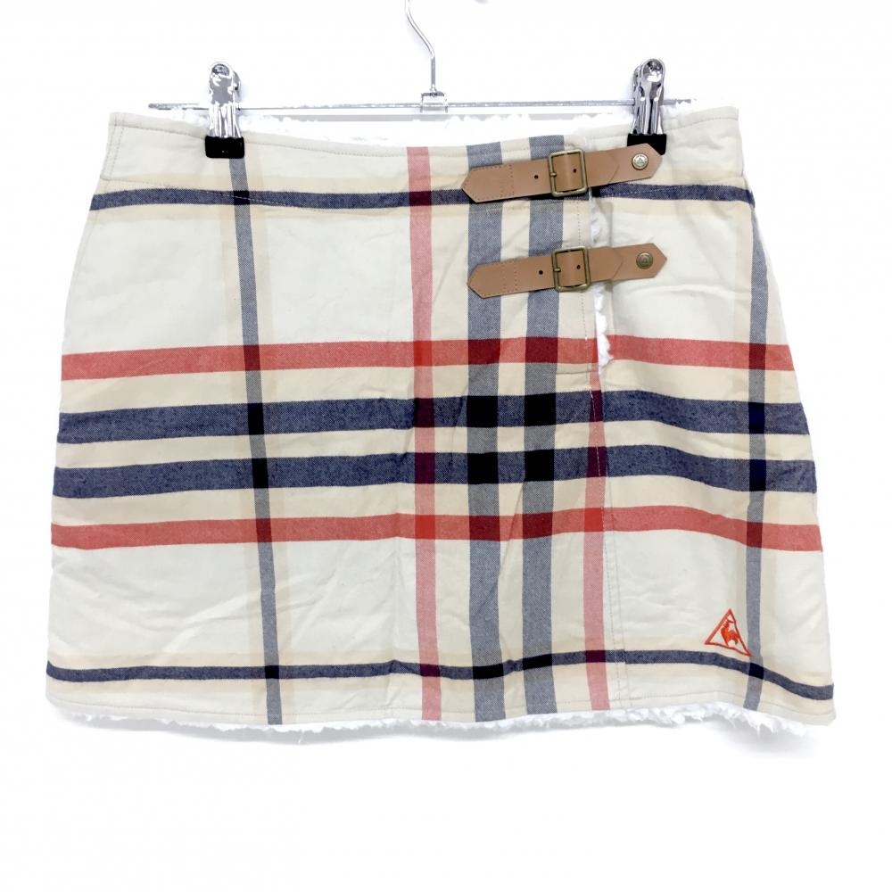 【美品】ルコック スカート ベージュ×ネイビー チェック 裏ボア  レディース 11 ゴルフウェア le coq sportif