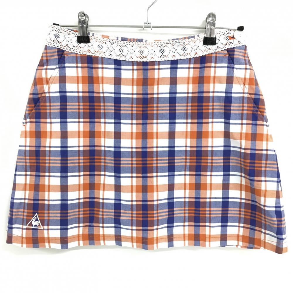 【超美品】ルコック スカート オレンジ×ブルー チェック柄 レース 内側インナーパンツ レディース 11 ゴルフウェア le coq sportif