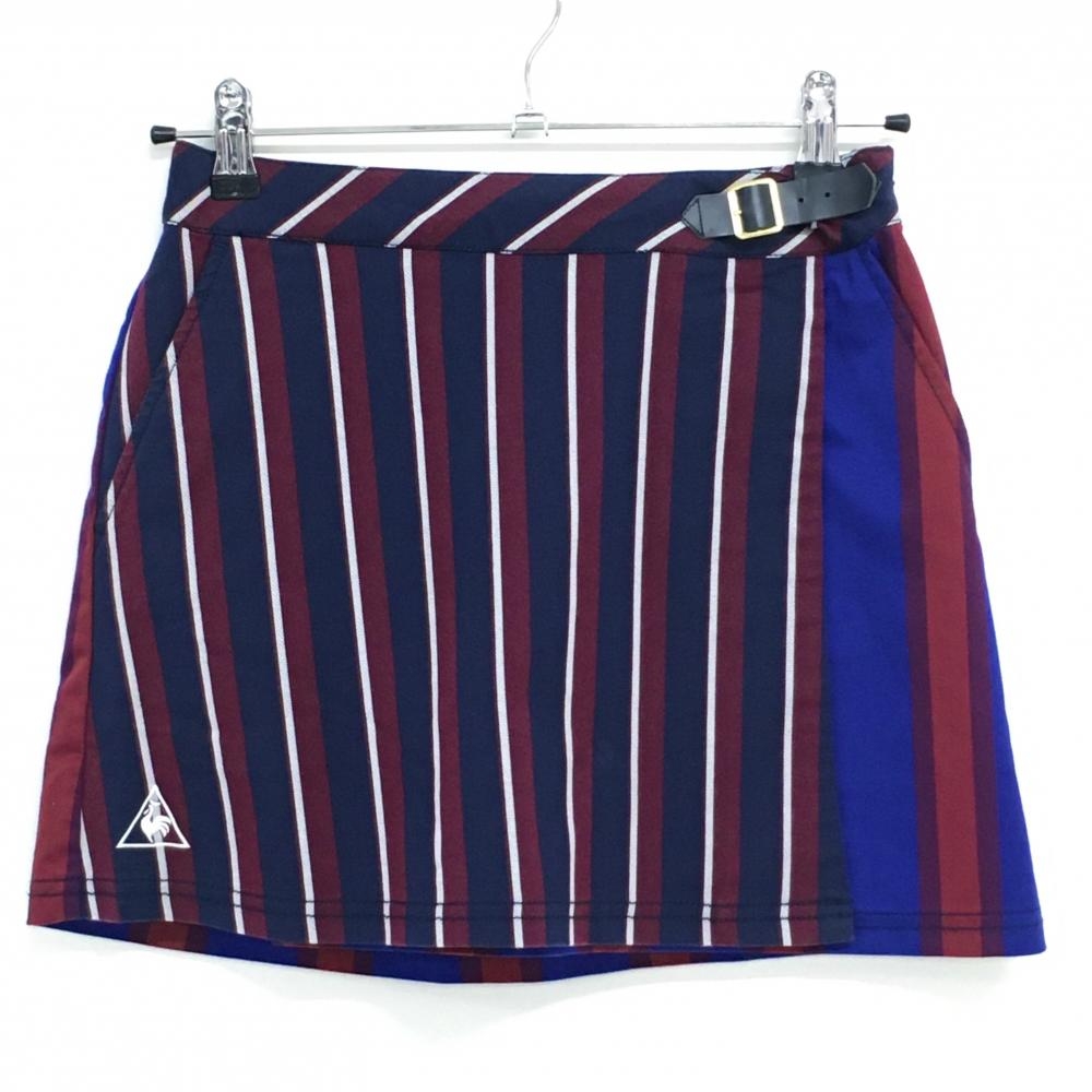 【美品】ルコック 巻きスカート ネイビー×ボルドー ストライプ レディース 7 ゴルフウェア le coq sportif
