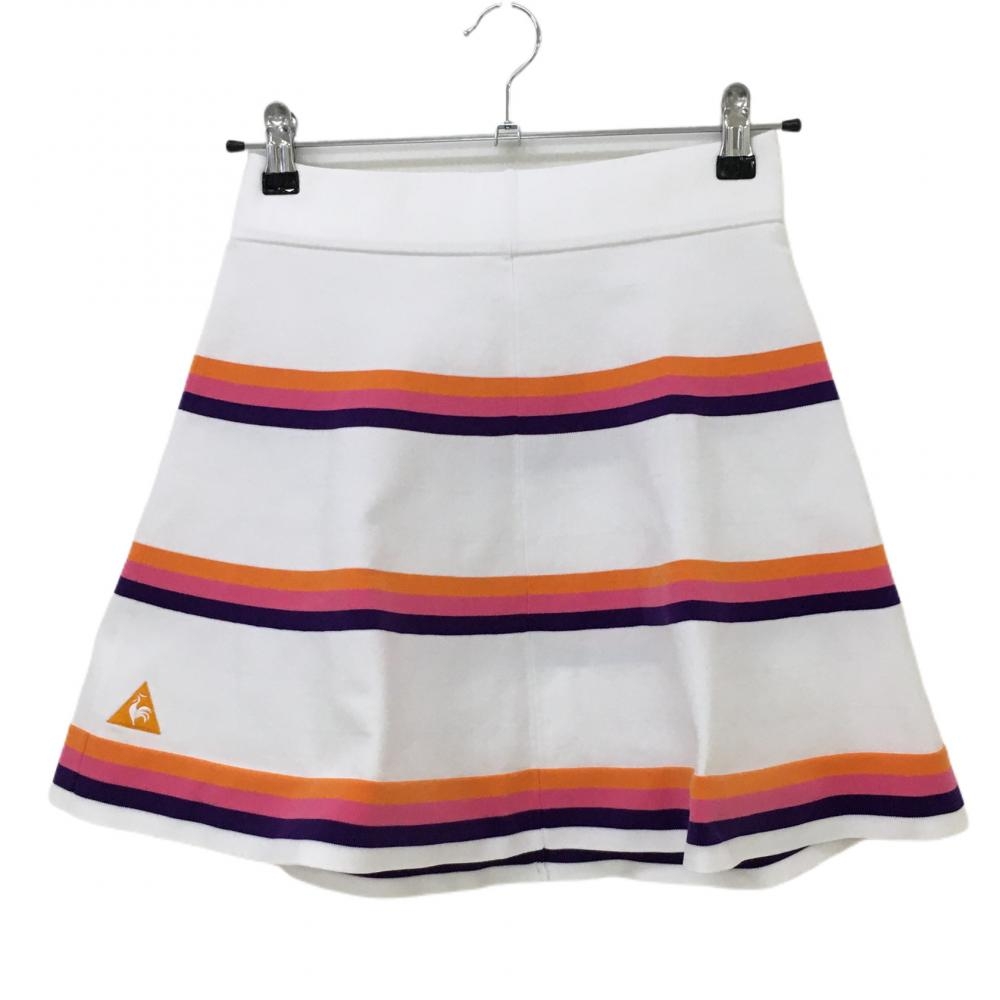 【超美品】ルコック ニットスカート 白×オレンジ ウエストゴム 裾ロゴ刺しゅう レディース 9 ゴルフウェア le coq sportif