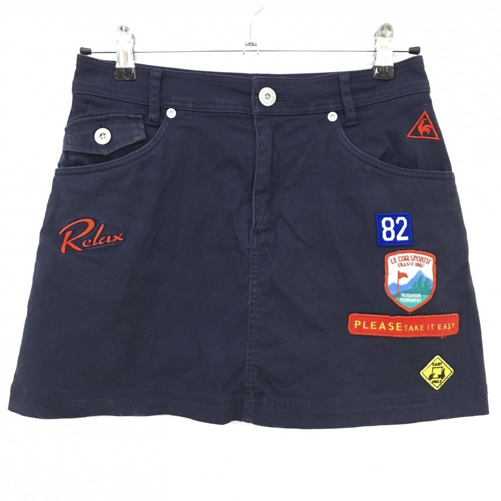 ルコック スカート ネイビー×レッド ロゴ刺しゅう 複数ワッペン ストレッチ レディース 9 ゴルフウェア le coq sportif