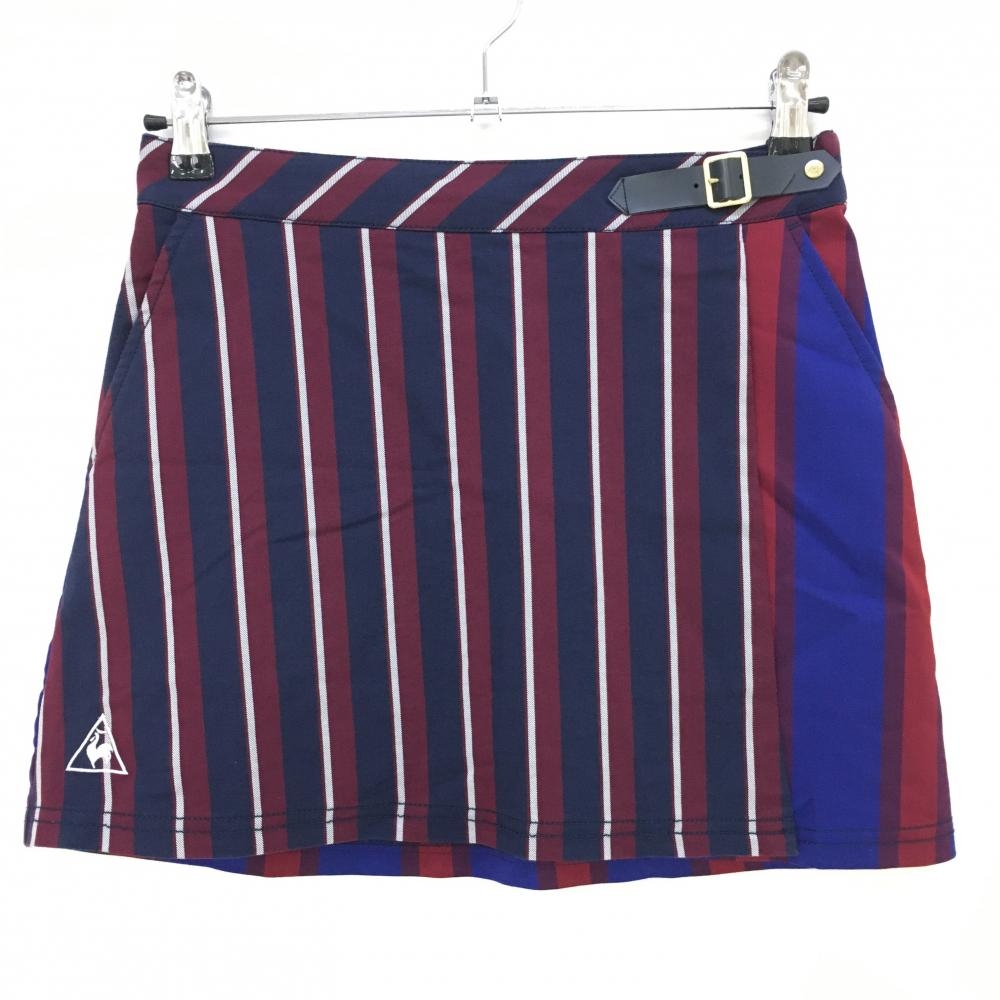 【超美品】ルコック スカート ネイビー×ボルドー ストライプ柄 ロゴ刺しゅう レディース 7 ゴルフウェア le coq sportif