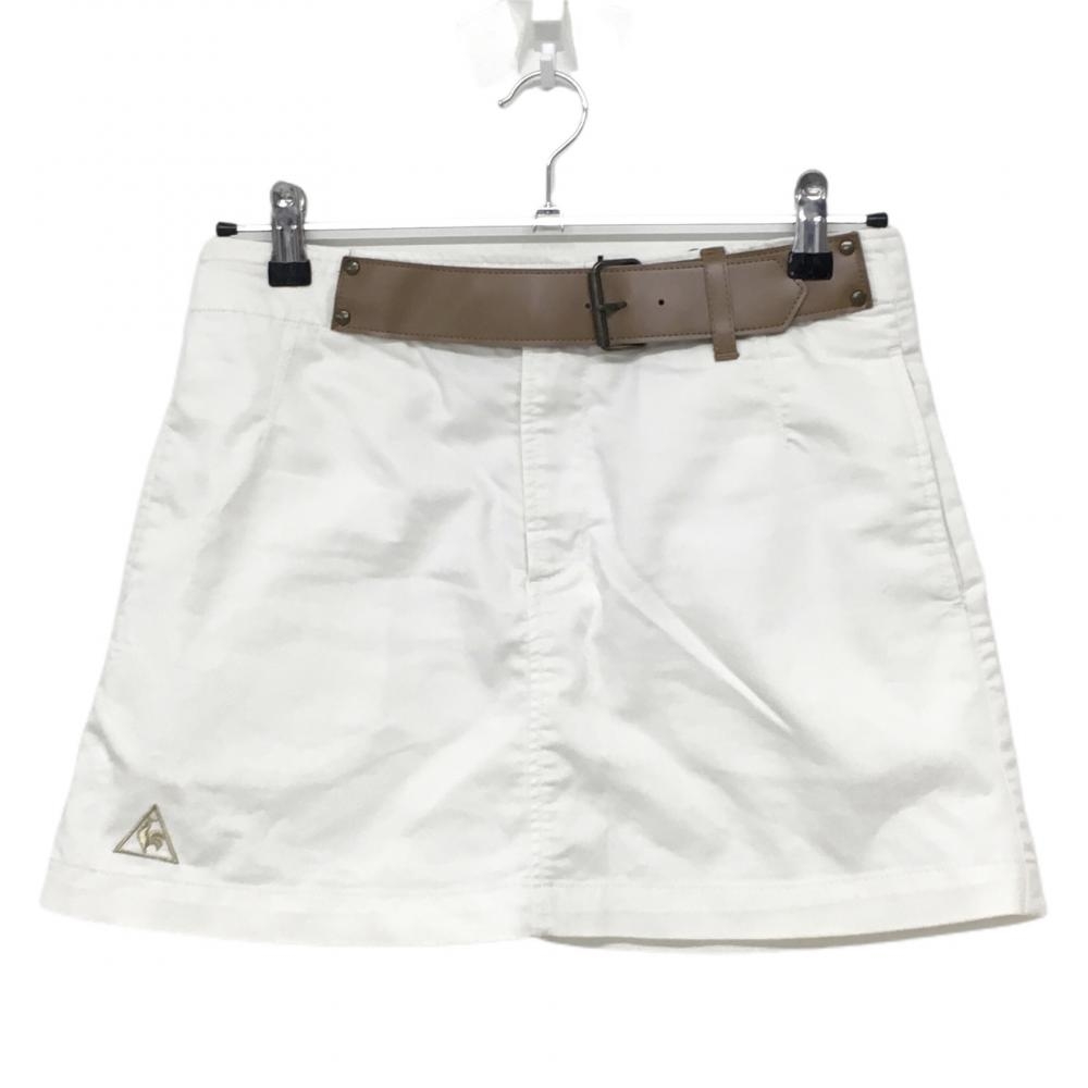 【美品】ルコック スカート 白×ブラウン ベルト付 ストレッチ レディース 9 ゴルフウェア le coq sportif