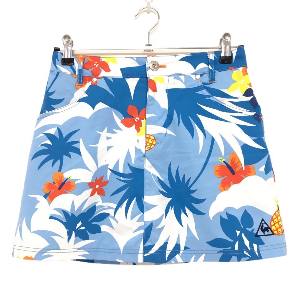 【美品】ルコック スカート ライトブルー×白 ヤシの木 ハイビスカス 内側インナーパンツ レディース 7 ゴルフウェア le coq sportif