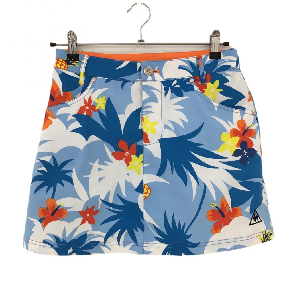 【美品】ルコック スカート ライトブルー×白 花柄 パイナップル柄 内側メッシュ レディース 9 ゴルフウェア le coq sportif