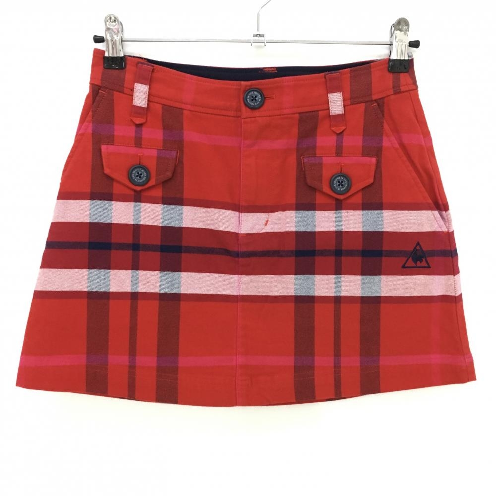 【超美品】ルコック スカート レッド×ネイビー チェック ロゴ刺しゅう ストレッチ レディース 7 ゴルフウェア le coq sportif