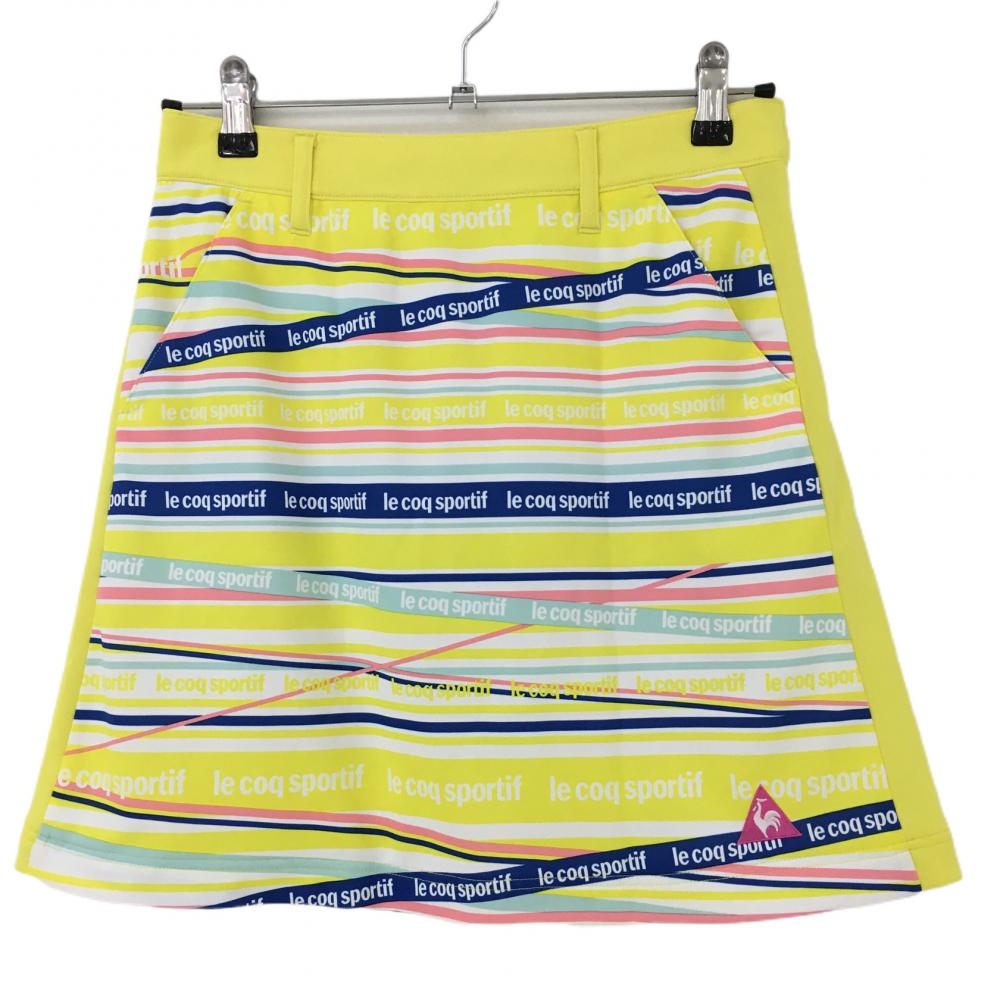 【美品】ルコック スカート イエロー×ブルー ロゴボーダー ロゴ刺しゅう  レディース 9 ゴルフウェア le coq sportif