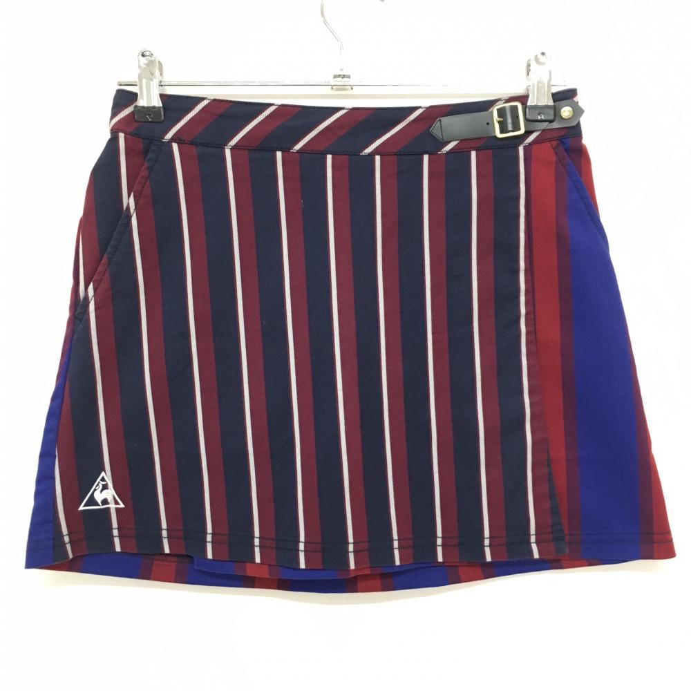 【美品】ルコック 巻きスカート ネイビー×ボルドー×ブルー ストライプ  レディース 7(S) ゴルフウェア le coq sportif