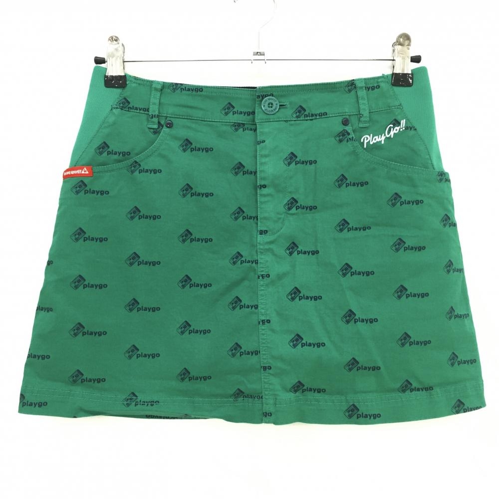 ルコック スカート グリーン×ネイビー 総柄 バックロゴ刺しゅう 内側インナーパンツ  レディース 9 ゴルフウェア le coq sportif