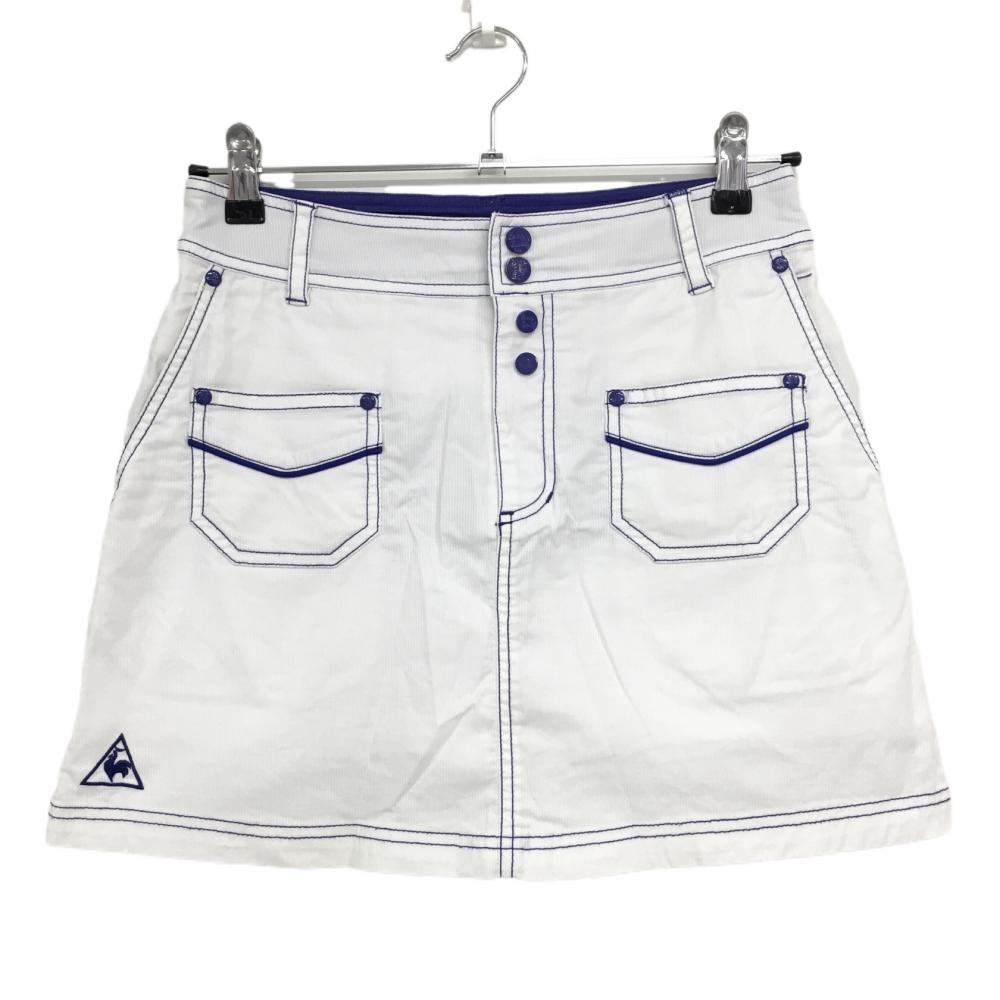 【美品】ルコック スカート 白×ネイビー ストライプ織生地 ステッチ ストレッチ  レディース 9(M) ゴルフウェア le coq sportif