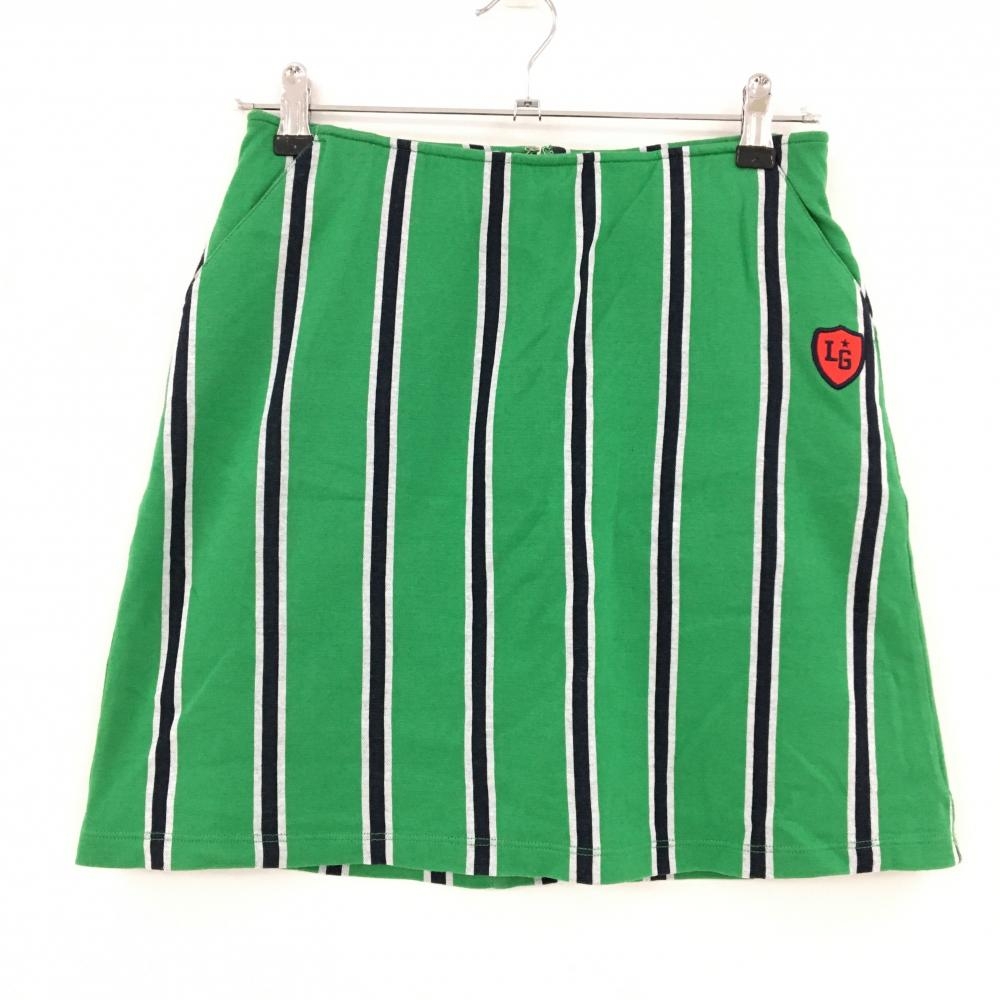 【美品】ルコック スカート グリーン×ネイビー×白 ストライプ 裏地付き ワッペン ウエスト・ポケット口色褪せ少 レディース  ゴルフウェア le coq sportif