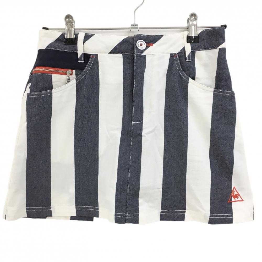 ルコック スカート 白×ネイビー ストライプ柄 ロゴ刺しゅう  レディース 7 ゴルフウェア le coq sportif