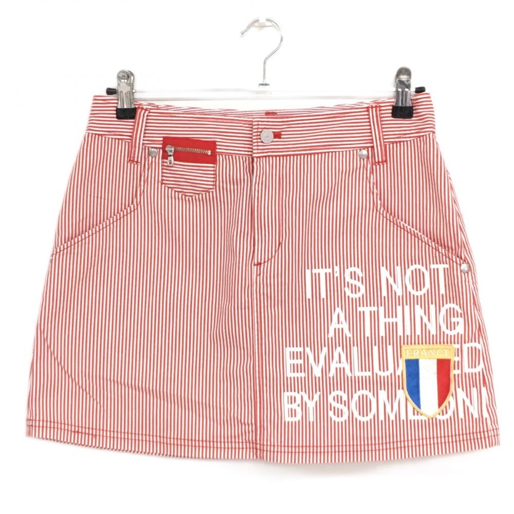 【美品】ルコック スカート レッド×白 ストライプ柄 バックロゴ刺しゅう 複数ポケット レディース 11 ゴルフウェア le coq sportif