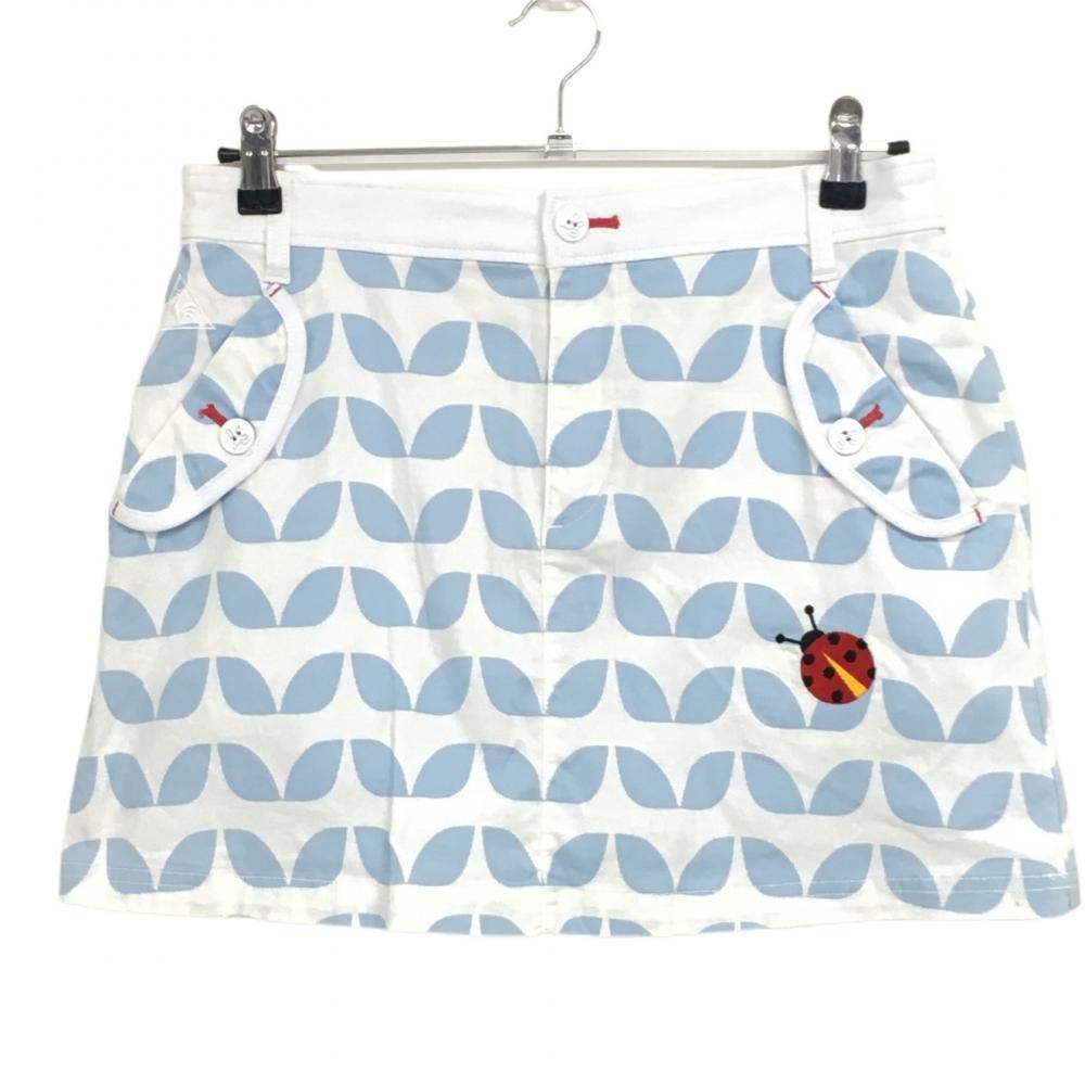 ルコック スカート 白×ライトブルー 総柄 てんとう虫刺しゅう ストレッチ 内側インナーパンツ レディース 11 ゴルフウェア le coq sportif