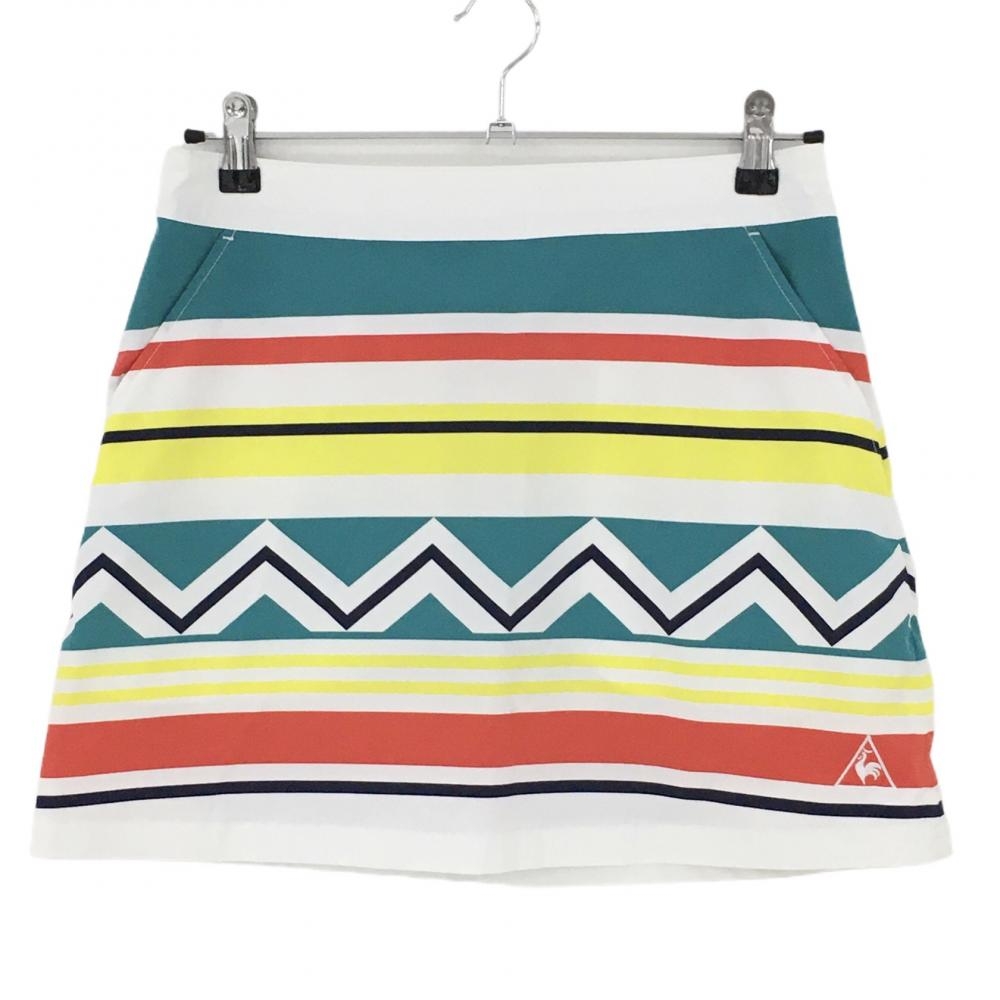 【美品】ルコック スカート 白×グリーン×イエロー ボーダー風  レディース 11(L) ゴルフウェア le coq sportif