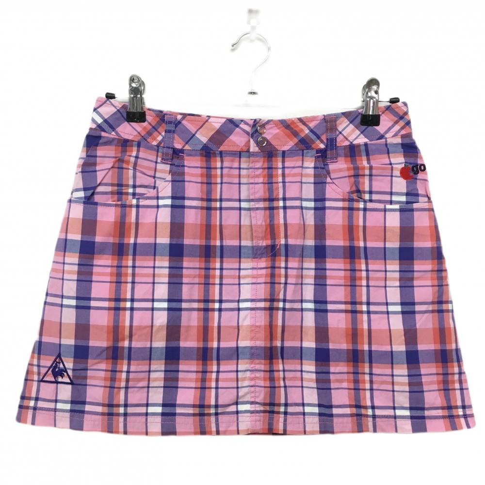 【美品】ルコック スカート ピンク×ブルー チェック 裏地一部メッシュ 内側インナーパンツ レディース 9 ゴルフウェア le coq sportif