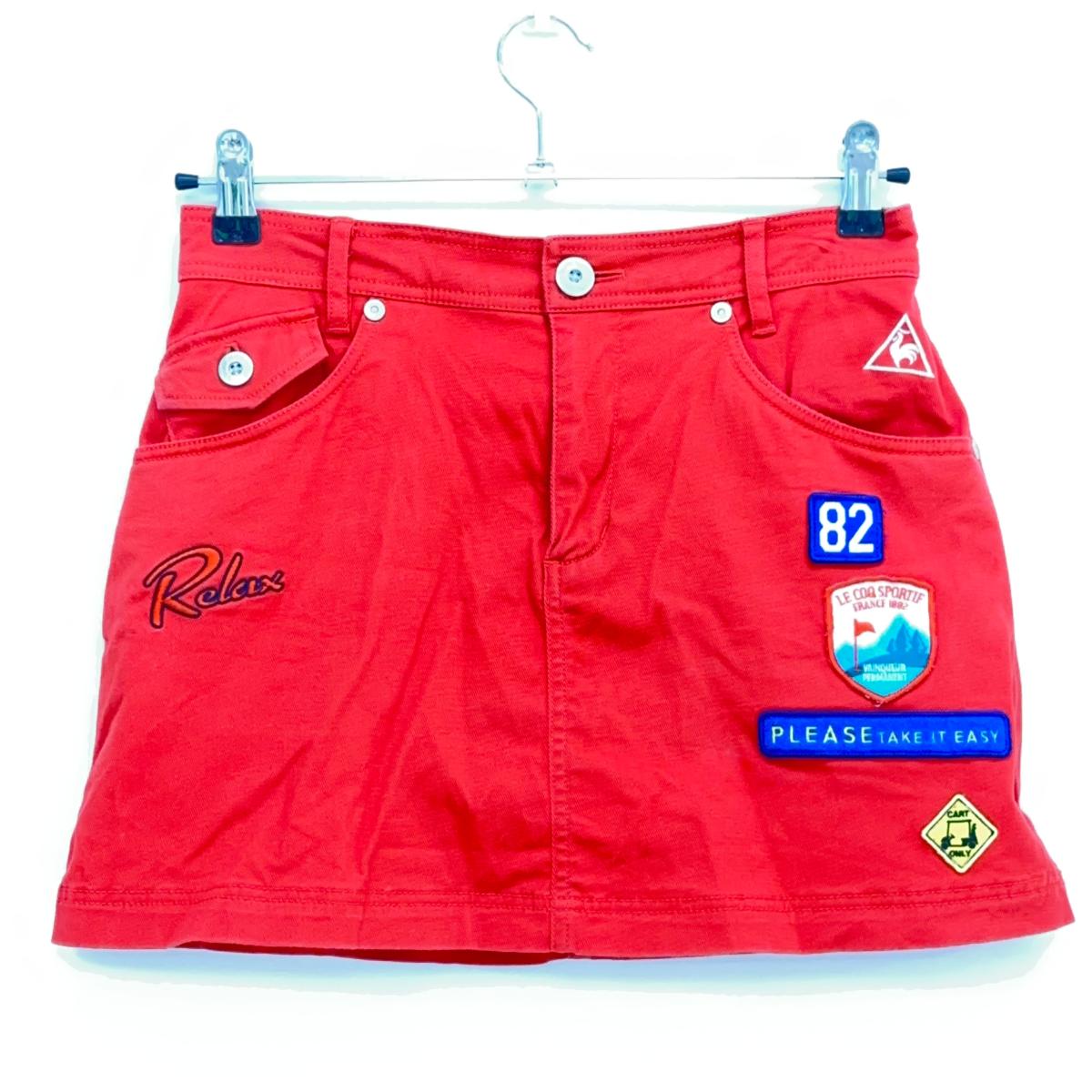 ルコック スカート レッド×ブルー 複数ワッペン 内側インナーパンツ  レディース 7(S) ゴルフウェア le coq sportif