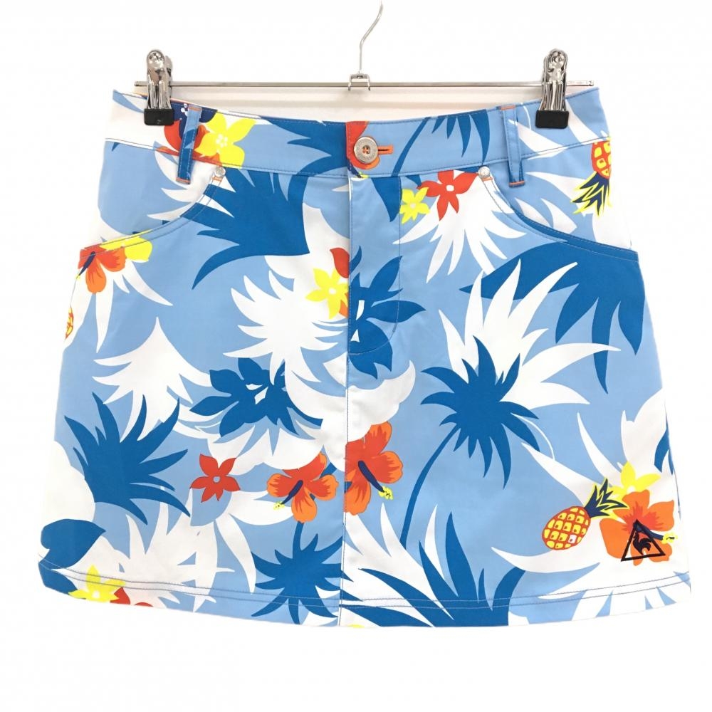 ルコック スカート 白×ブルー トロピカル柄 内側インナーパンツ レディース 11(L) ゴルフウェア le coq sportif