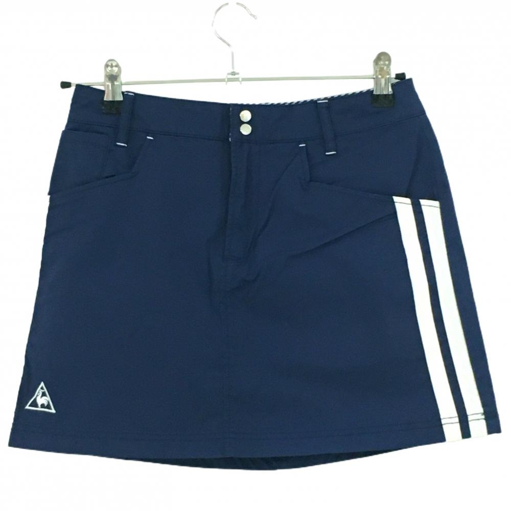 【美品】ルコック スカート ネイビー×白 サイド2ライン ロゴ刺しゅう 内側インナーパンツ レディース 7 ゴルフウェア le coq sportif