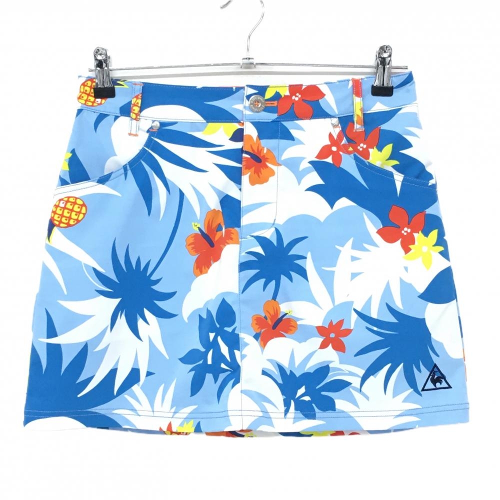 【超美品】ルコック スカート ライトブルー×白 ハイビスカス ヤシの木 内側インナーパンツ レディース 9 ゴルフウェア le coq sportif